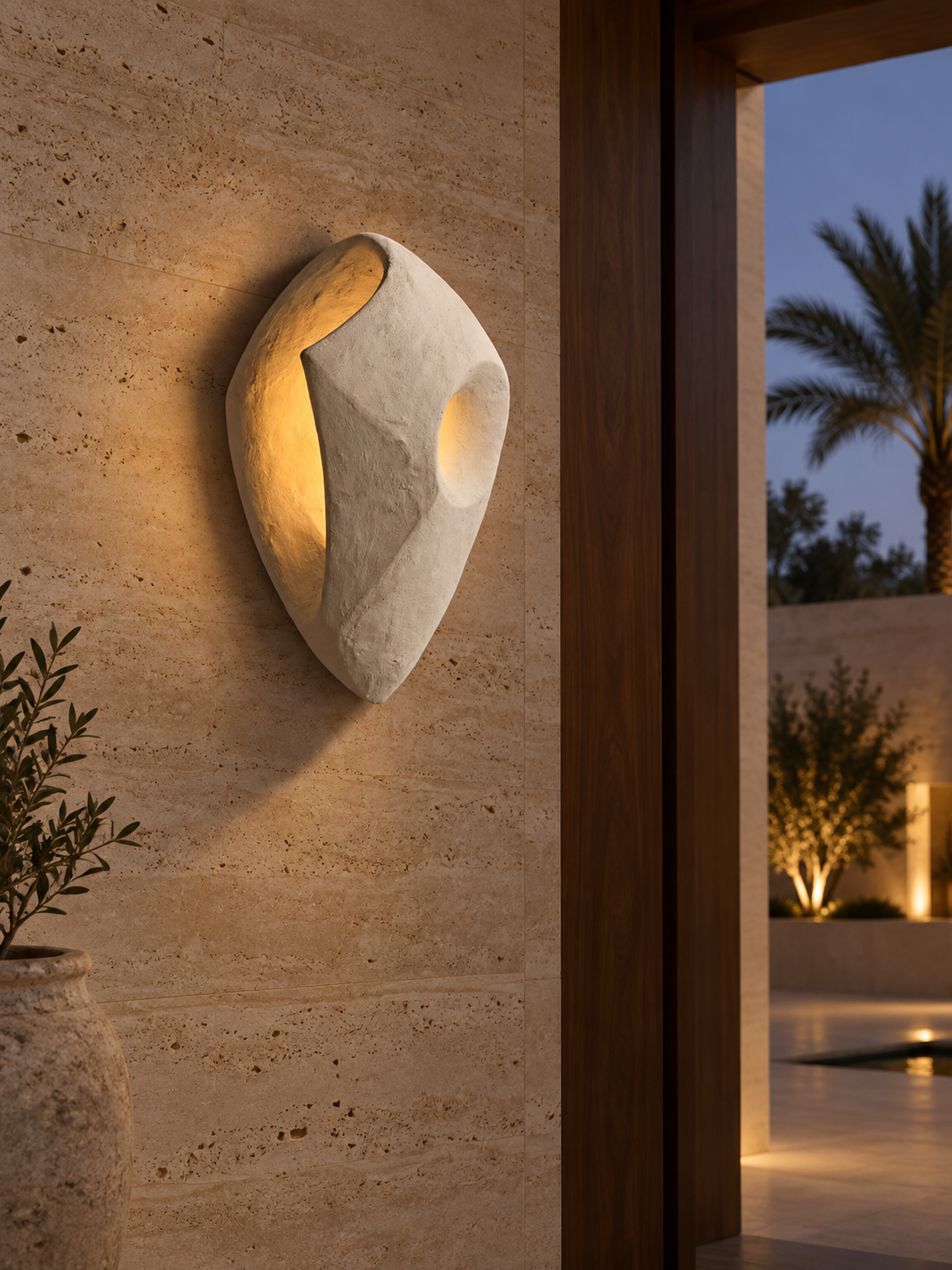 Sculptural wall light on a stone wall
