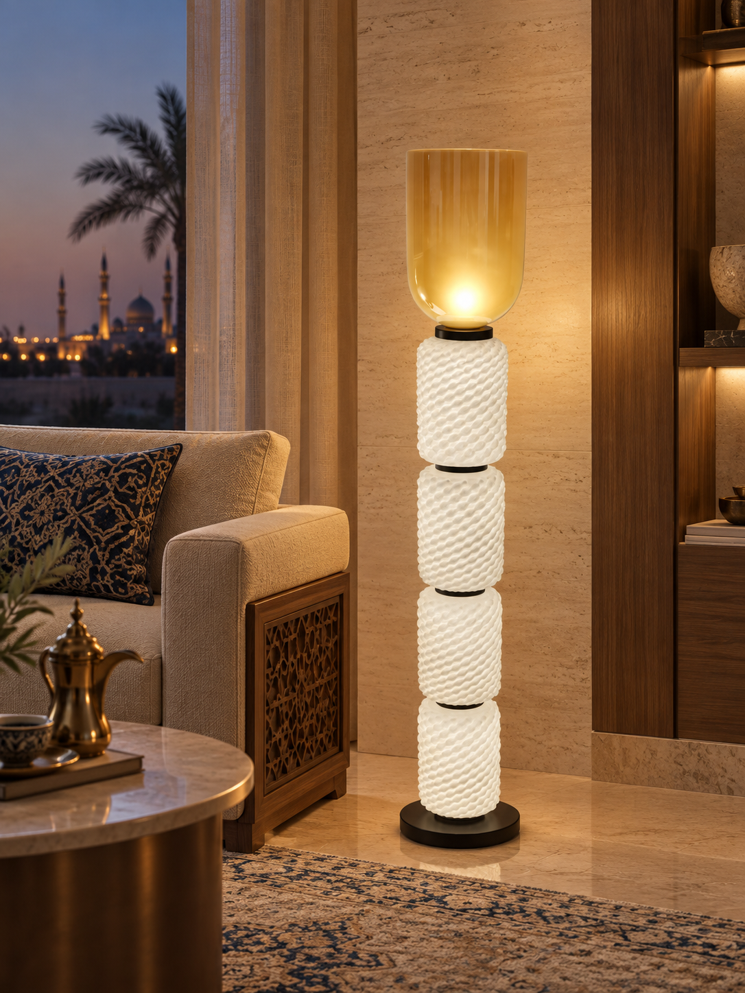 Segmented illuminated floor lamp in a lounge