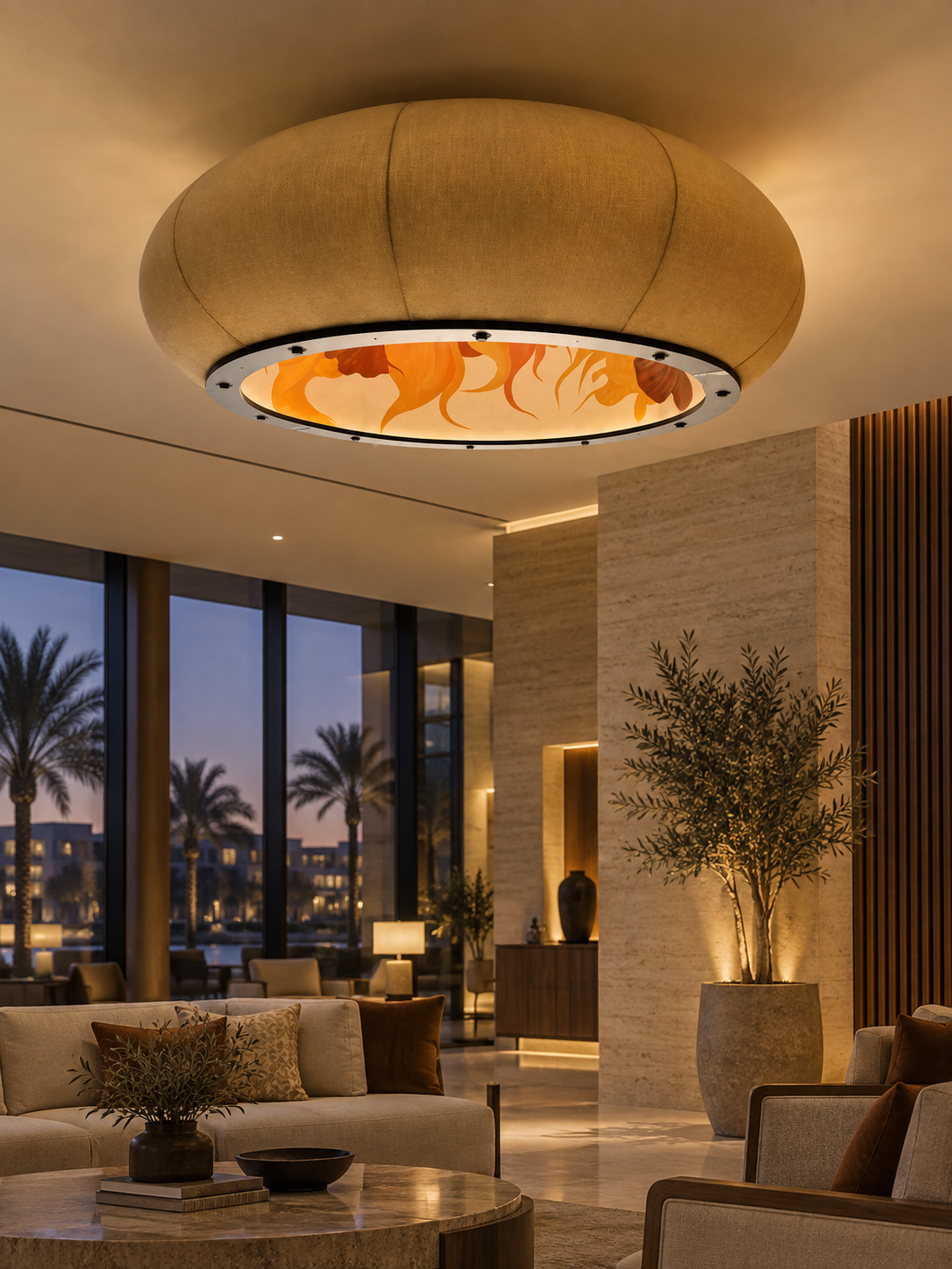 Round ceiling light with a warm patterned interior